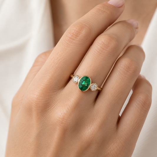 14K Emerald Diamond Three Stone Ring