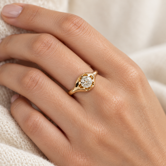 18K GIA 1.1 Carat Old Mine Cut Diamond Belcher Ring