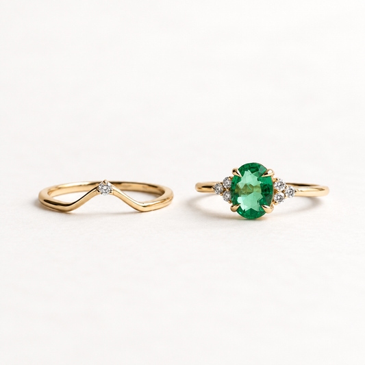 18K Yellow Gold 1.18 Carat Emerald & Diamond Ring Set