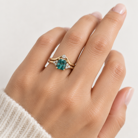 18k Yellow Gold Emerald Diamond Ring Set