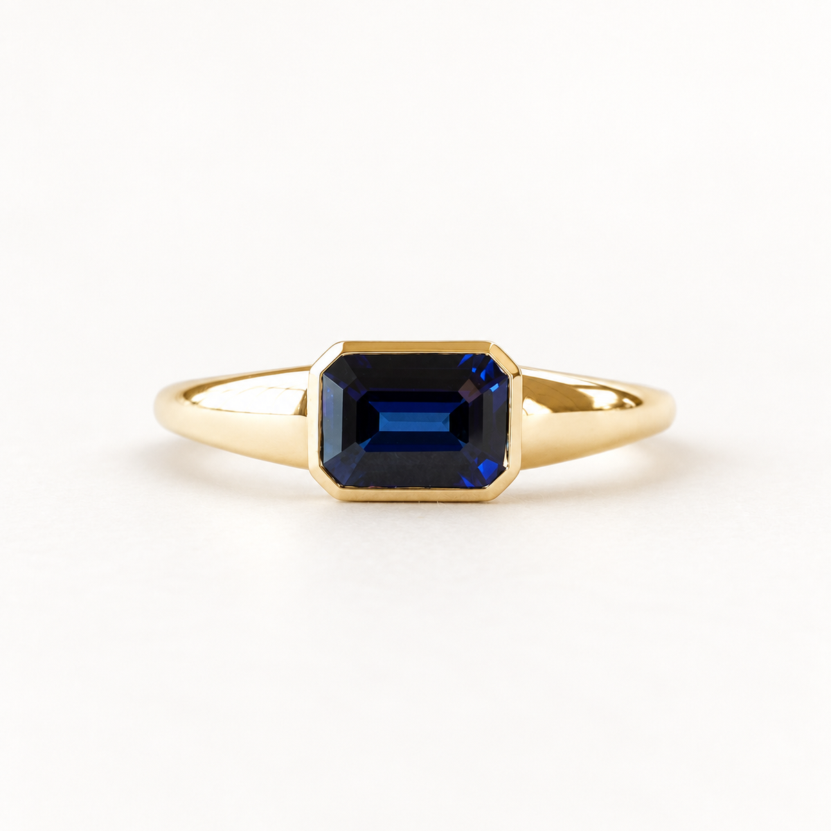 14K Lab Blue Sapphire Ring, East to West Bezel ring