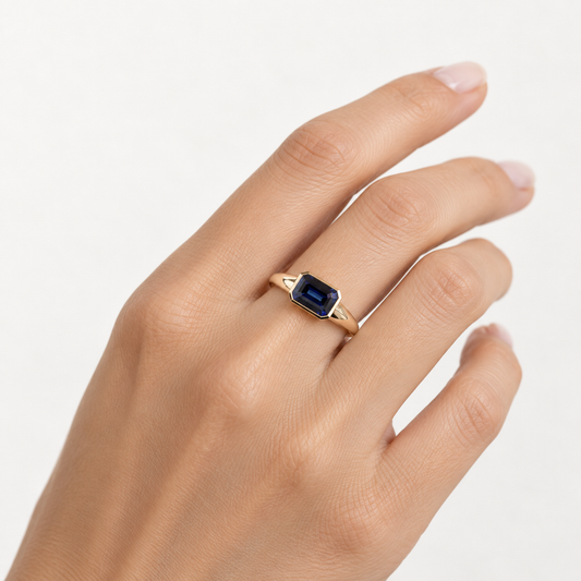 14K Lab Blue Sapphire Ring, East to West Bezel ring