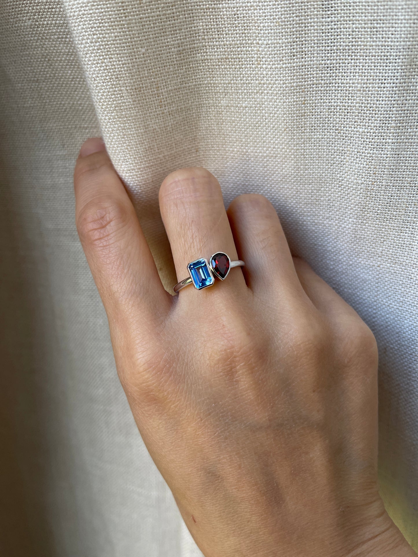 14K Aquamarine and Garnet Moi Et Toi Ring