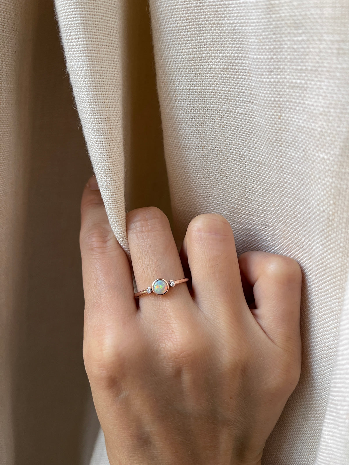 14K Rose Gold Australian Opal Trio Ring with Diamonds, Size 7