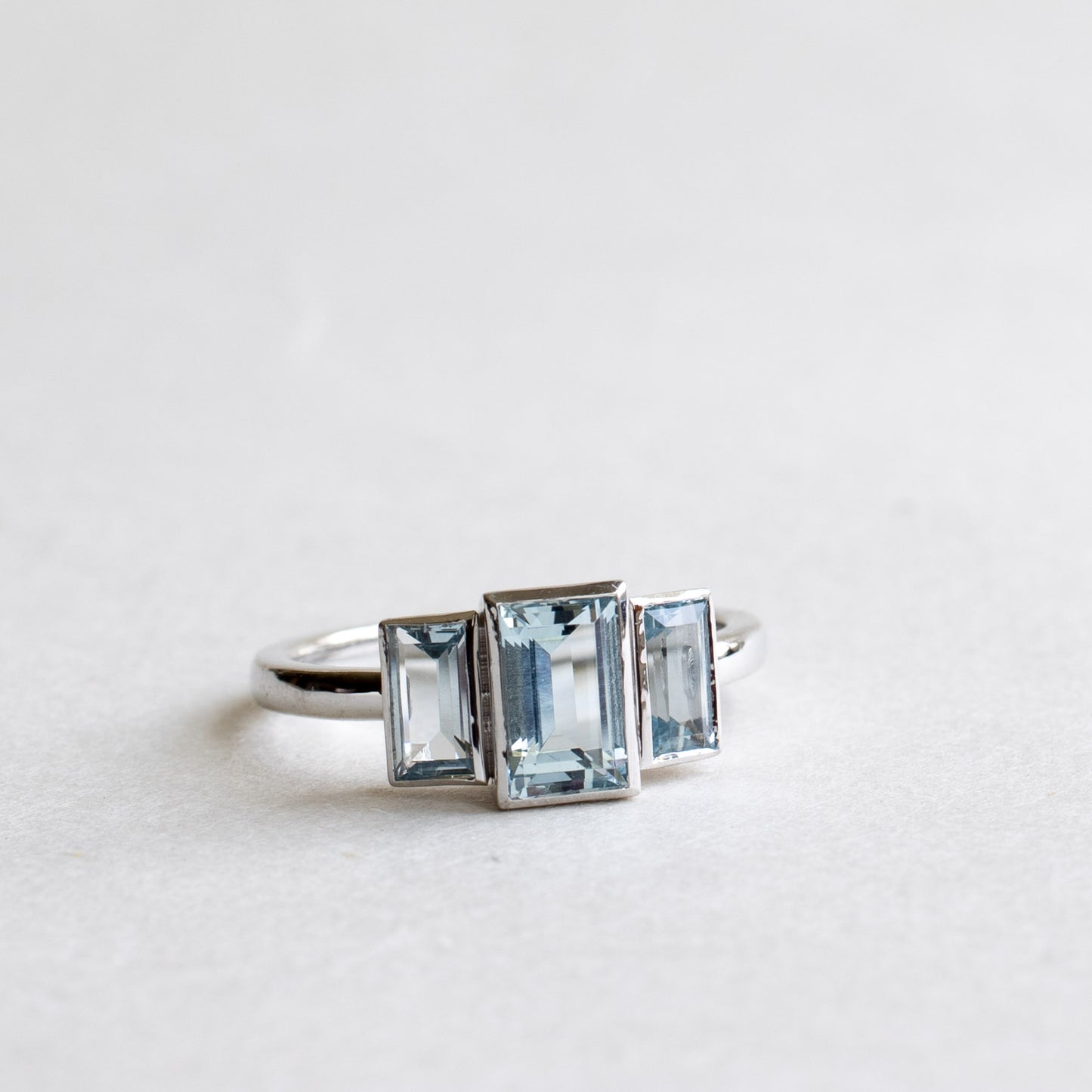 14K White Gold Aquamarine Baguette Trilogy Ring