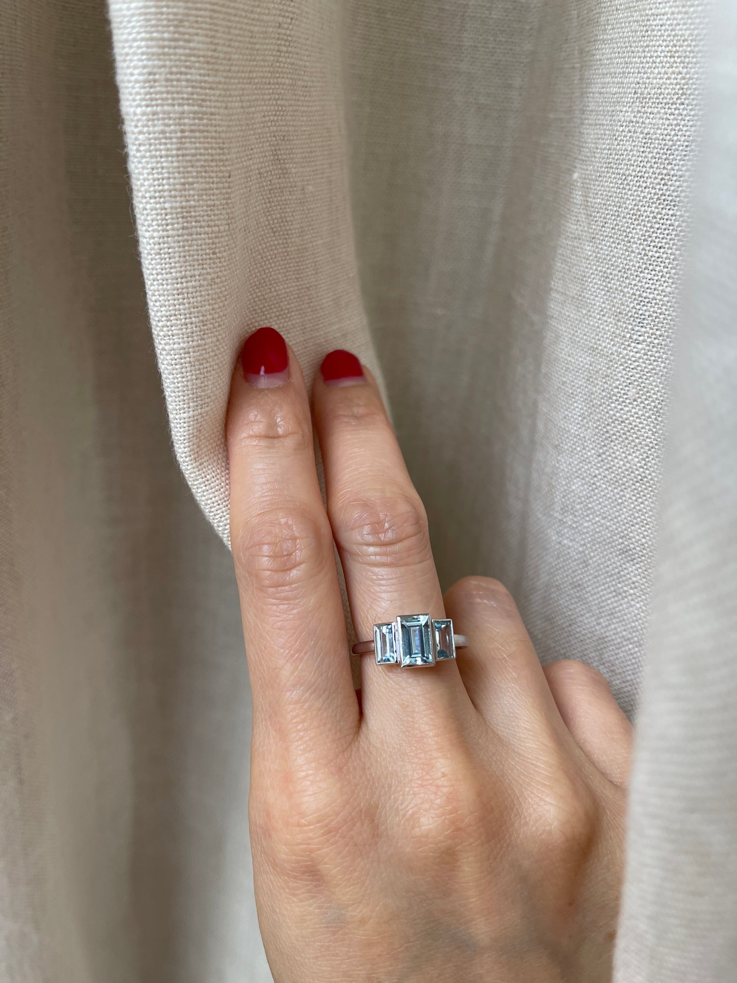 14K White Gold Aquamarine Baguette Trilogy Ring