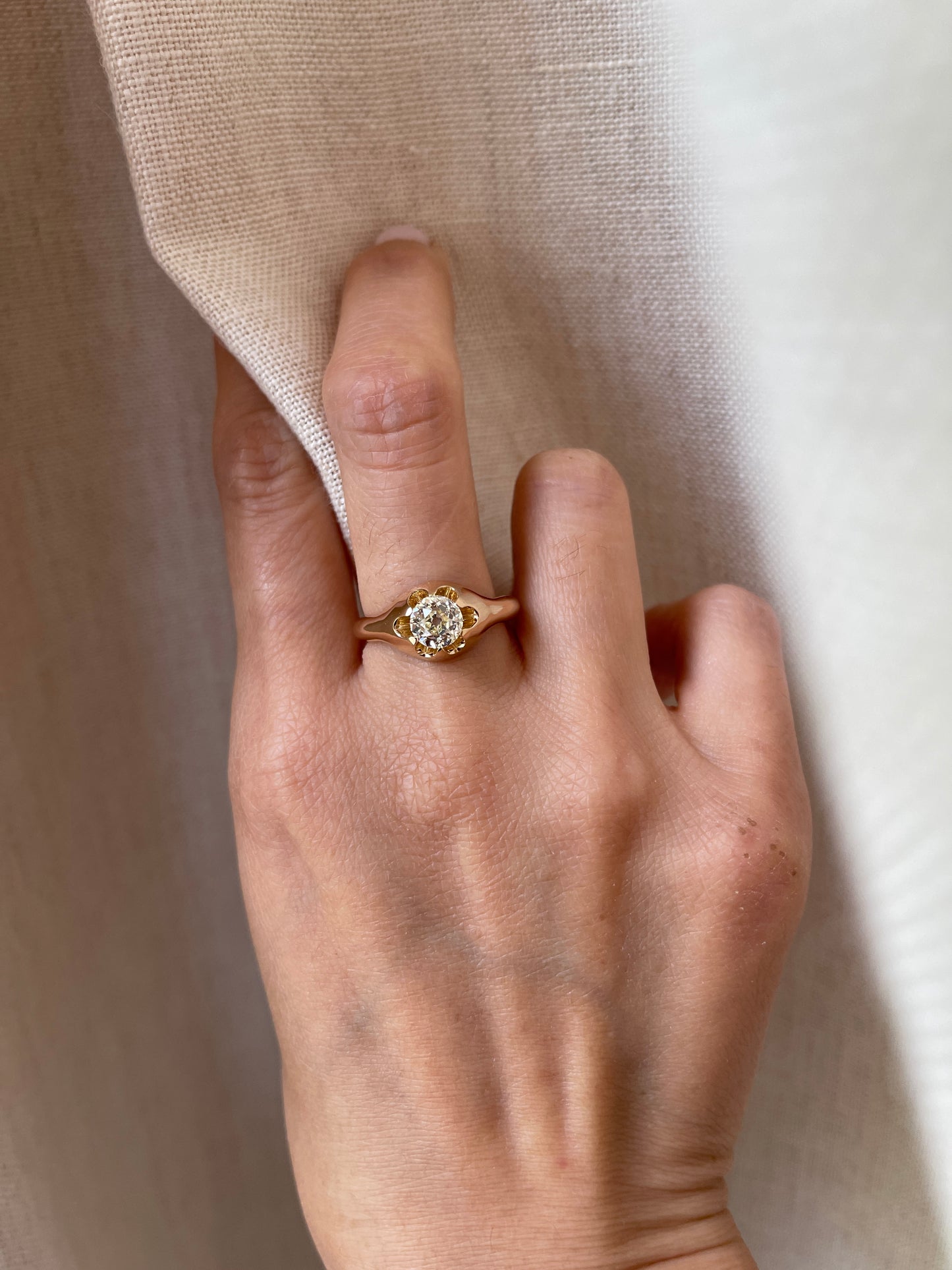 18K GIA 1.1 Carat Old Mine Cut Diamond Belcher Ring