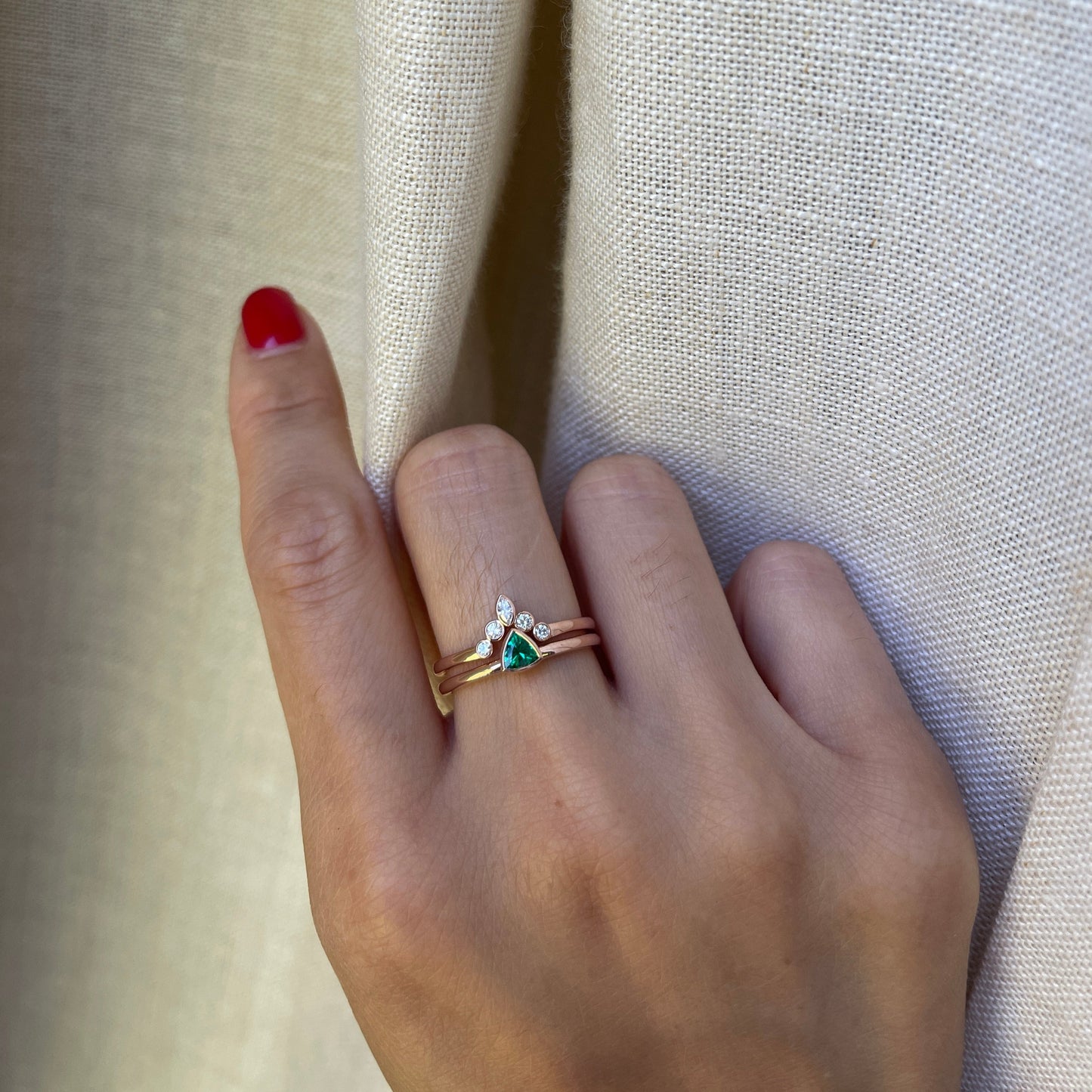 14K Rose Gold Emerald Trillion Set
