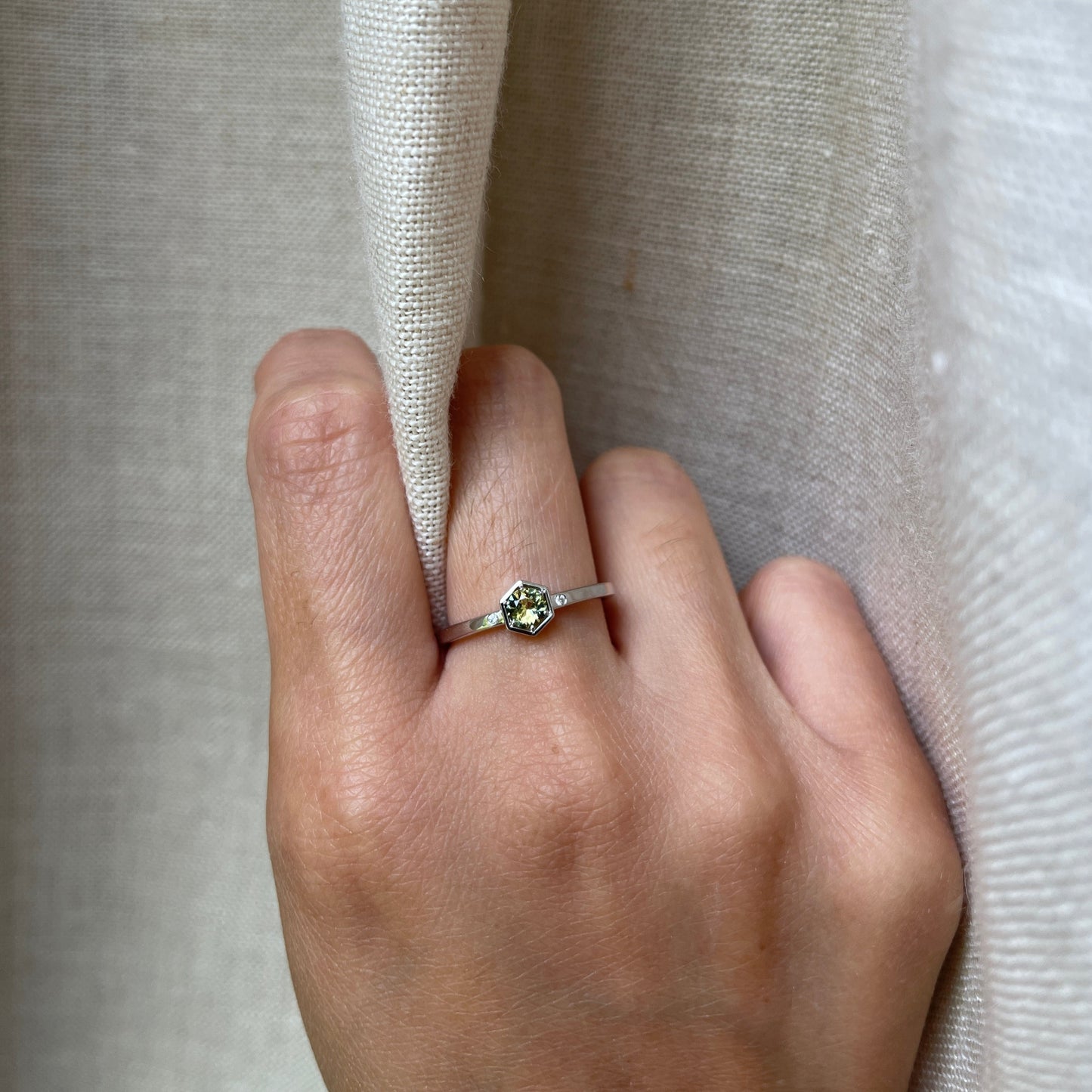 14K Two Tone Sapphire Hexagon Ring