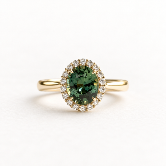 14K 2 CT Green Sapphire Halo Ring