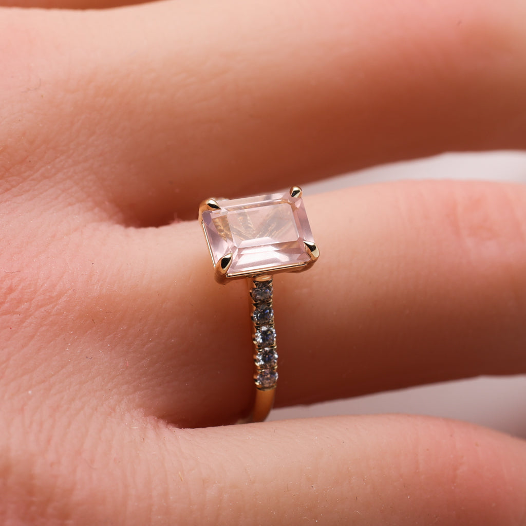 14k Gold Rose Quartz Ring with Diamond