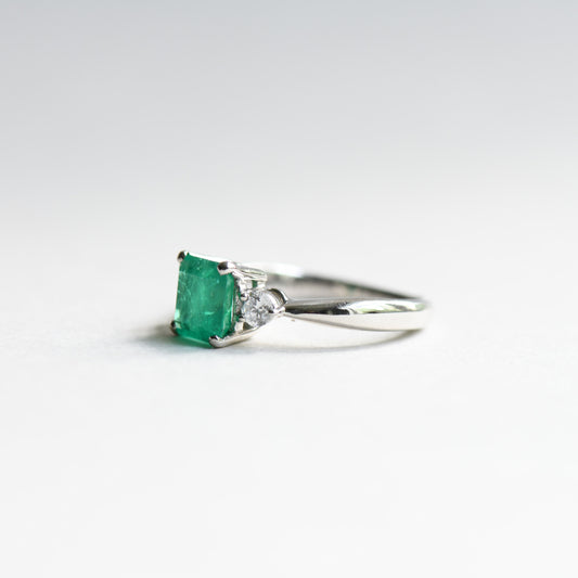Platinum Emerald Diamond Ring: 1.23 Carat Three Stone Estate Ring