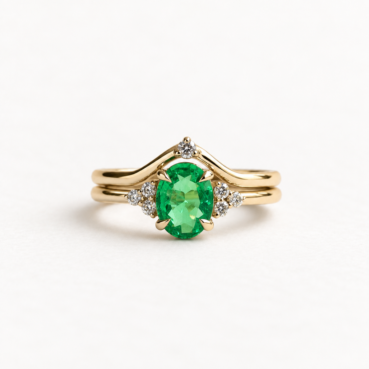 18K Yellow Gold 1.18 Carat Emerald & Diamond Ring Set
