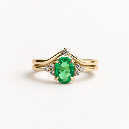 18K Yellow Gold 1.18 Carat Emerald & Diamond Ring Set