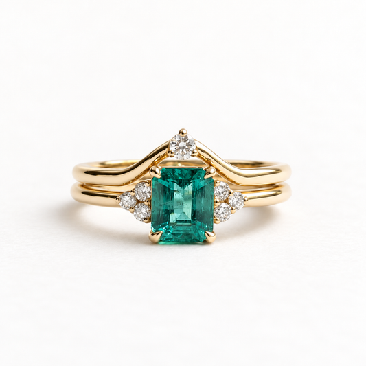 18k Yellow Gold Emerald Diamond Ring Set