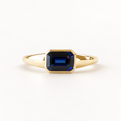 14K Lab Blue Sapphire Ring, East to West Bezel ring