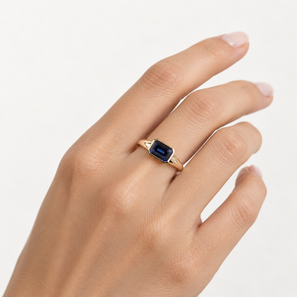 14K Lab Blue Sapphire Ring, East to West Bezel ring