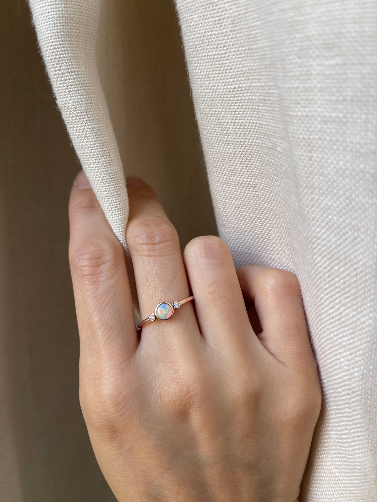 14K Rose Gold Australian Opal Trio Ring with Diamonds, Size 7