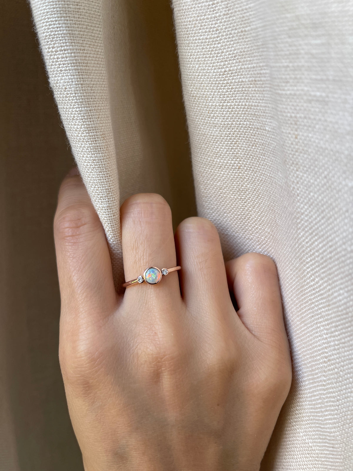 14K Rose Gold Australian Opal Trio Ring with Diamonds, Size 7