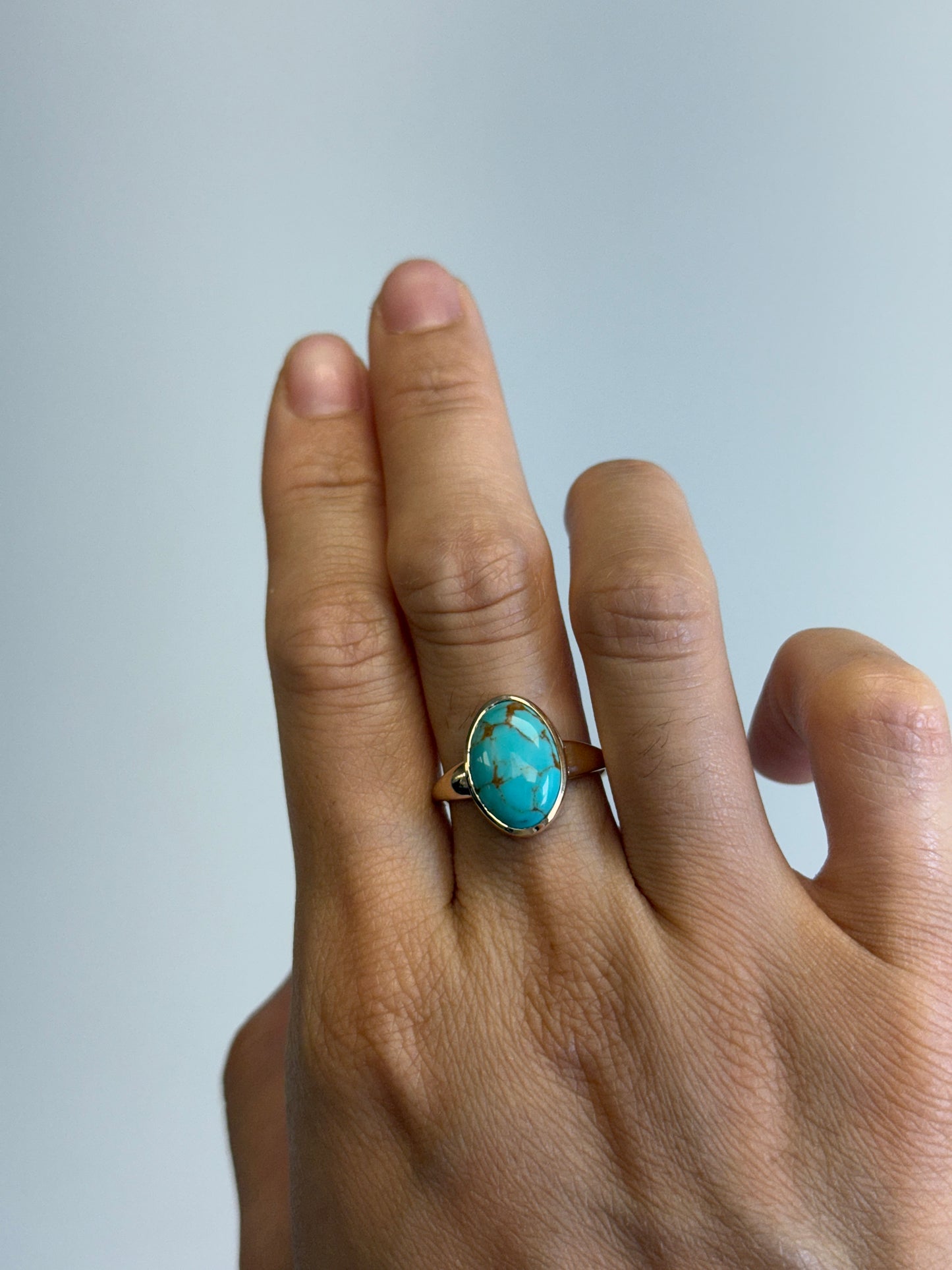 14K Yellow Gold Turquoise Ring: Oval Kingman Turquoise Bezel Setting