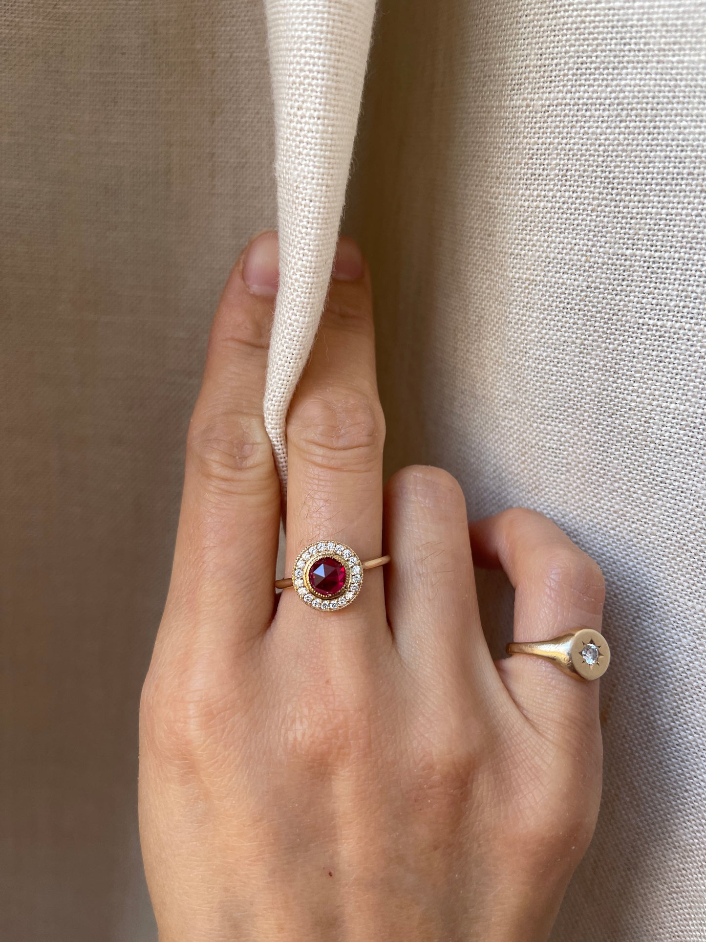 14K Rose Cut Lab Ruby Ring