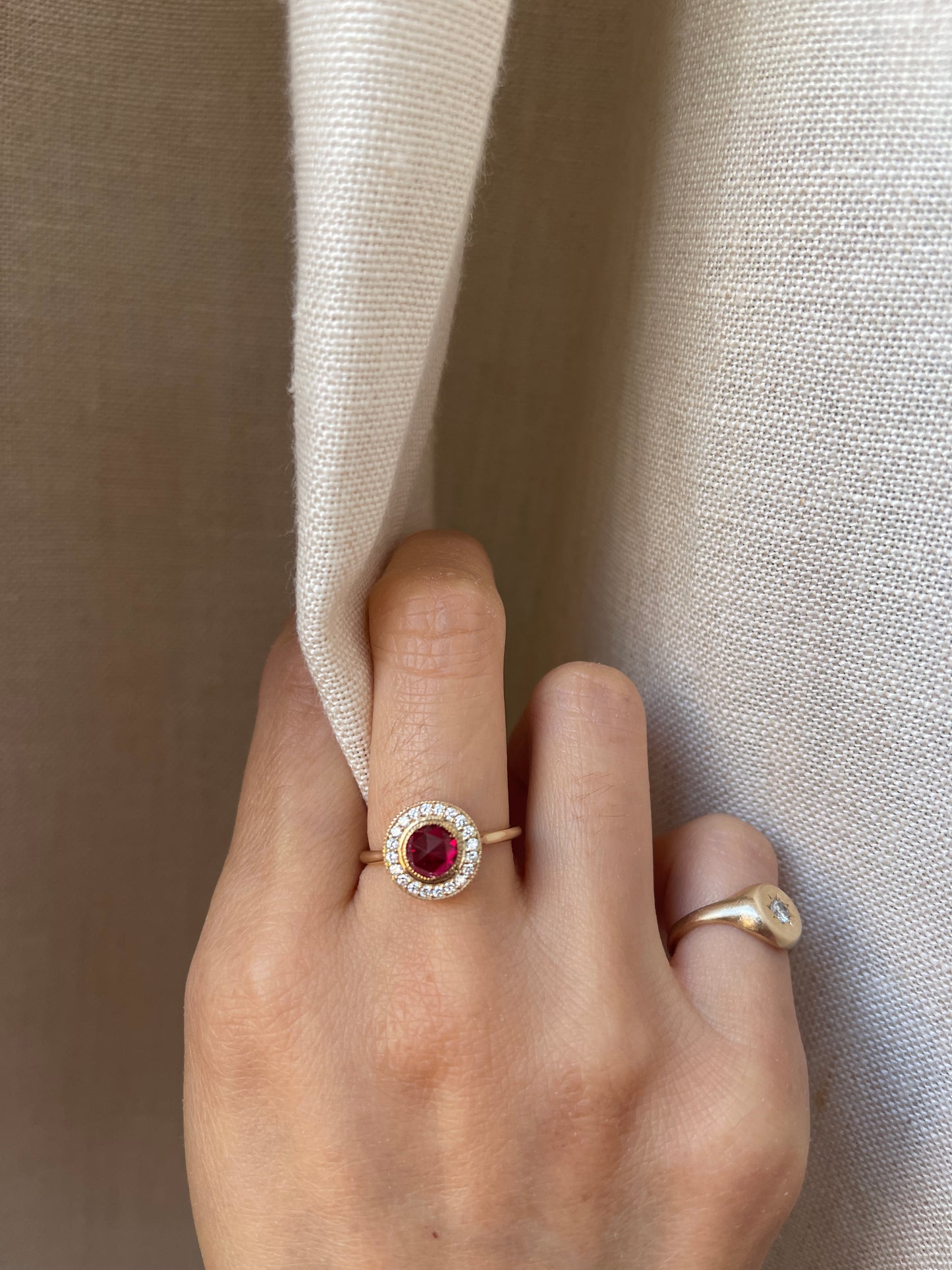 14K Rose Cut Lab Ruby Ring