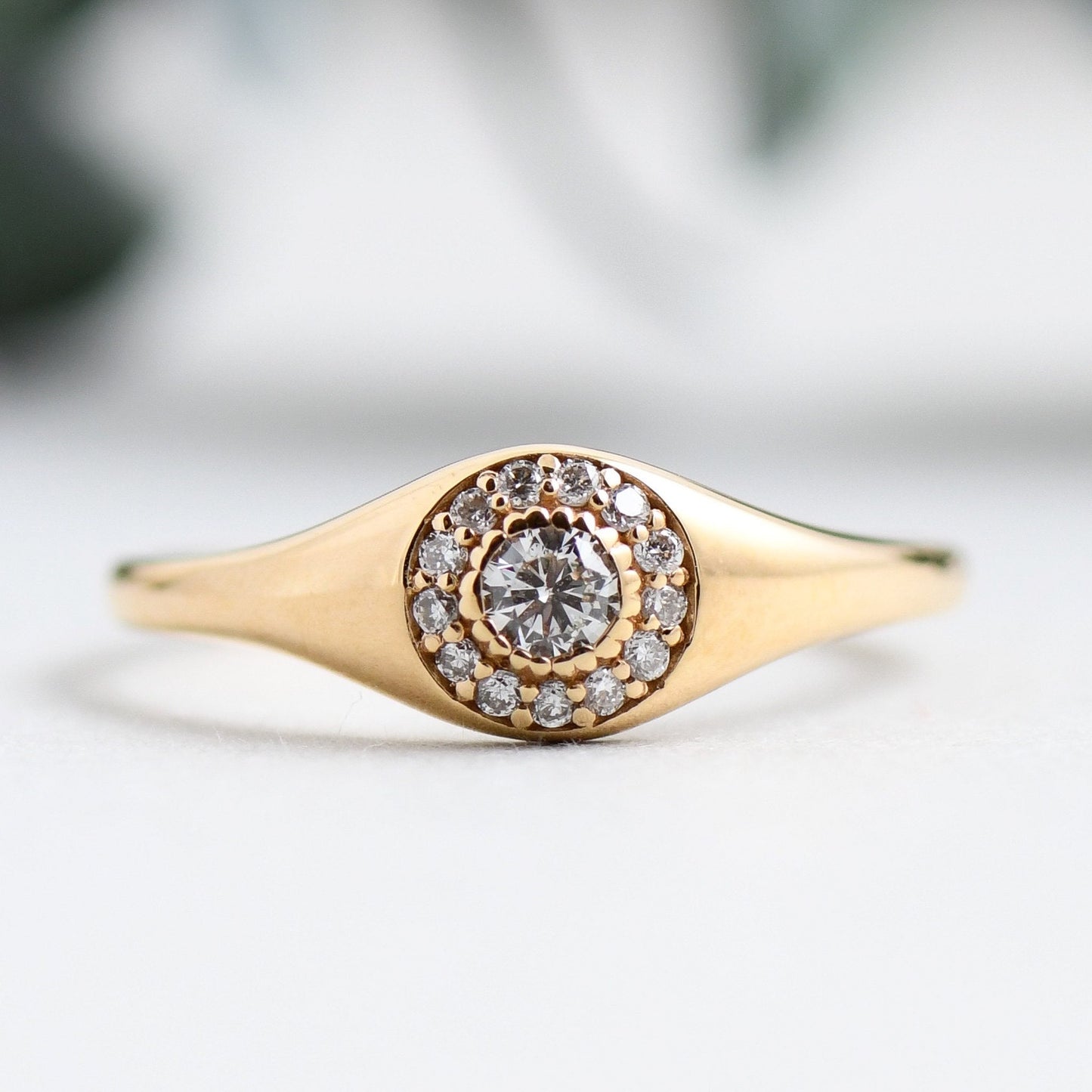18k Solid Rose Gold With Diamond Signet Ring