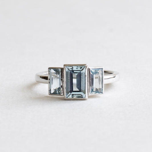 14K White Gold Aquamarine Baguette Trilogy Ring