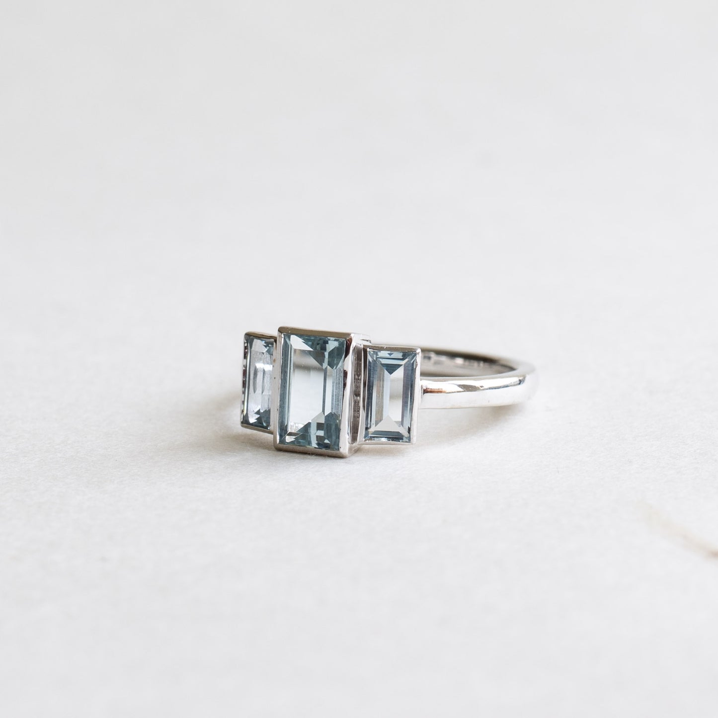 14K White Gold Aquamarine Baguette Trilogy Ring